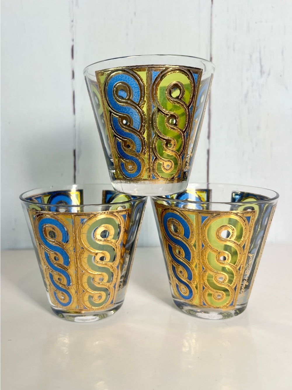 Georges Briard Vintage MCM Firenza Blue Gold Lowball Rocks Glasses Set of 3